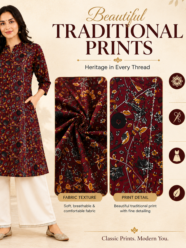 Women's Red Bird Print Cotton A-Line Kurta
