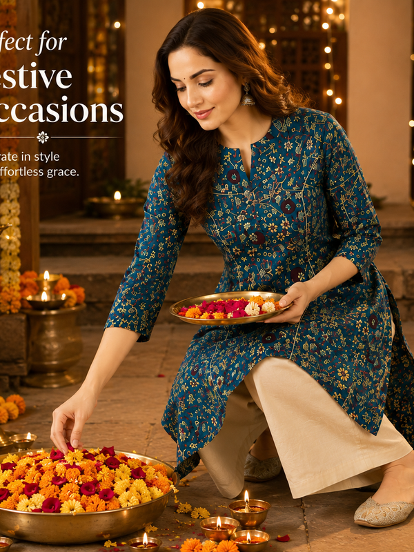 Women's Blue Bird Print Cotton A-Line Kurta