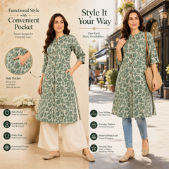 Women's Pista Green Floral Print Cotton A-Line Kurta