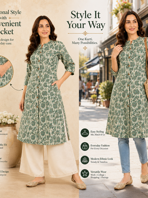 Women's Pista Green Floral Print Cotton A-Line Kurta