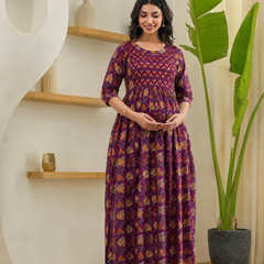 Women's Cotton Wine Floral Maternity Feeding Dress with Zipper