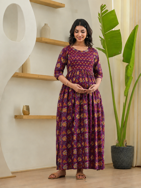 Women's Cotton Wine Floral Maternity Feeding Dress with Zipper