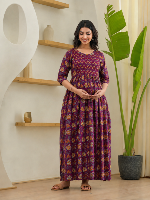 Women's Cotton Wine Floral Maternity Feeding Dress with Zipper