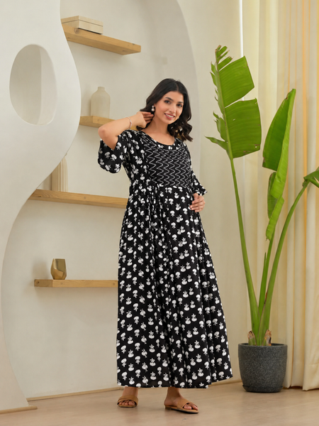 Women's Floral & Zigzag Anarkali Maternity Feeding Dress