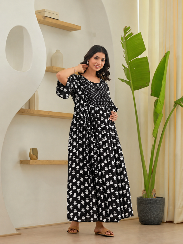 Women's Floral & Zigzag Anarkali Maternity Feeding Dress
