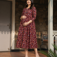 Women's Red Cotton Floral Maternity Feeding Dress with Zipper