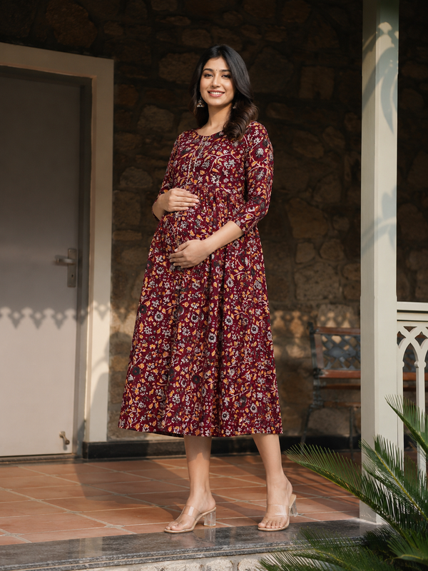 Women's Red Cotton Floral Maternity Feeding Dress with Zipper