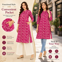 Women's Pink Floral Print Cotton A-Line Kurta