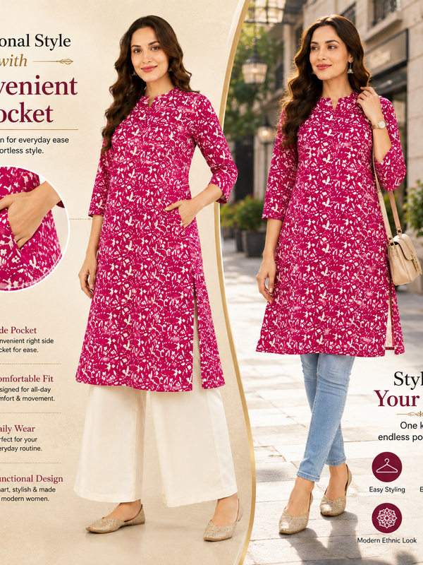 Women's Pink Floral Print Cotton A-Line Kurta