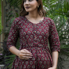Women's Cotton Paan Floral Maternity Feeding Dress with Zipper