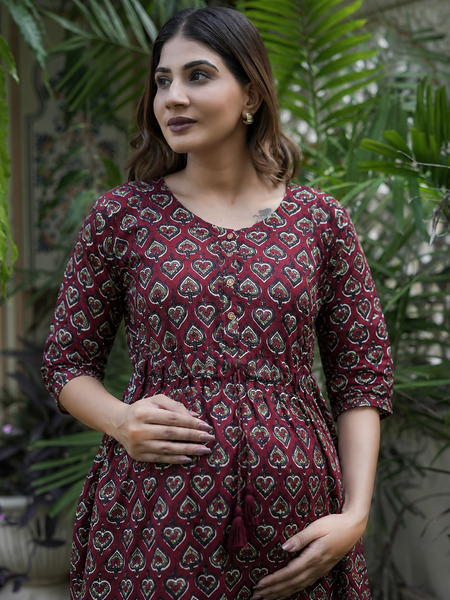 Women's Cotton Paan Floral Maternity Feeding Dress with Zipper