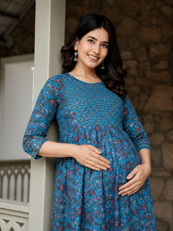 Women's Cotton Floral Maternity Feeding Dress with Zipper