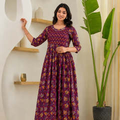 Women's Cotton Wine Floral Maternity Feeding Dress with Zipper