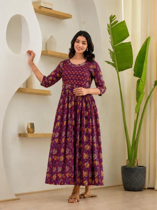 Women's Cotton Wine Floral Maternity Feeding Dress with Zipper