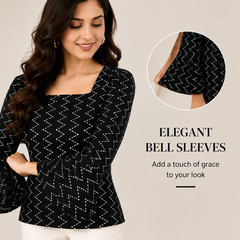 Black Bandhani Print Square Neck Short Kurti for Women