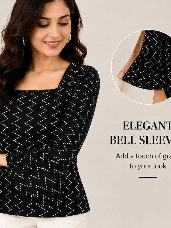 Black Bandhani Print Square Neck Short Kurti for Women