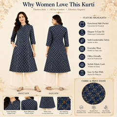 Women's Teal Blue Floral Print Cotton A-Line Kurta