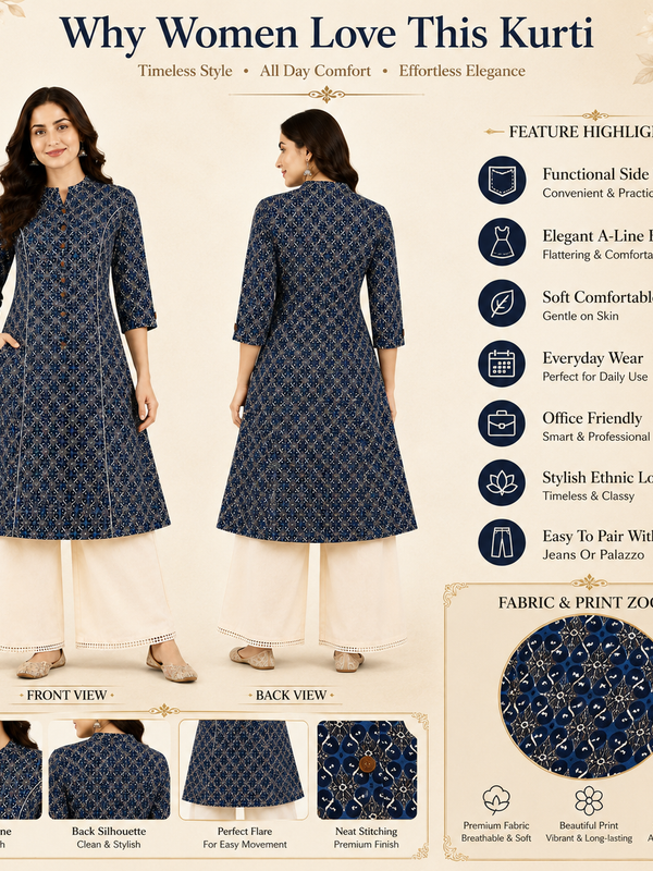 Women's Teal Blue Floral Print Cotton A-Line Kurta