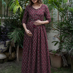 Women's Cotton Paan Floral Maternity Feeding Dress with Zipper