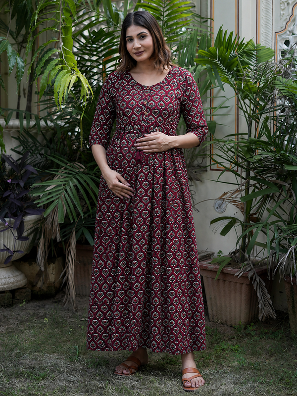 Women's Cotton Paan Floral Maternity Feeding Dress with Zipper