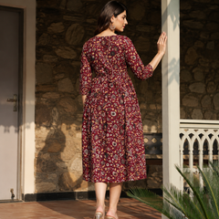 Women's Red Cotton Floral Maternity Feeding Dress with Zipper