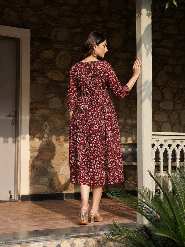 Women's Red Cotton Floral Maternity Feeding Dress with Zipper