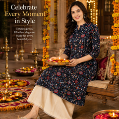 Women's Black Floral Print Cotton A-Line Kurta