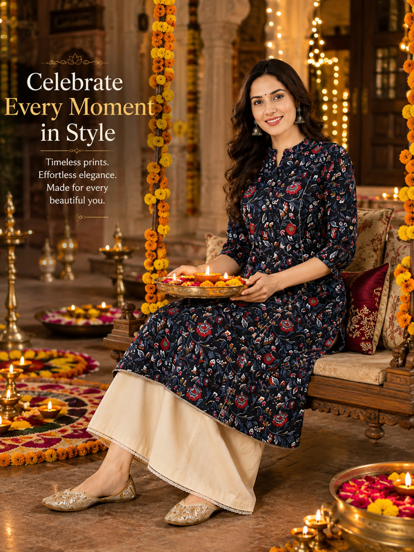 Women's Black Floral Print Cotton A-Line Kurta