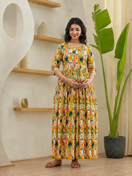 Abstract Print Nursing Dress with Zipper