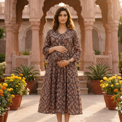 Women's Coffee Cotton Floral Maternity Feeding Dress with Zipper
