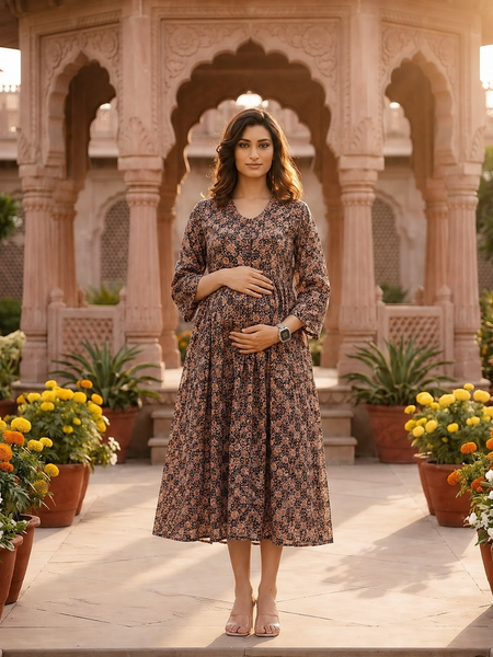 Women's Coffee Cotton Floral Maternity Feeding Dress with Zipper