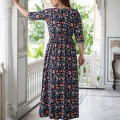 Women's Cotton Black Floral Maternity Feeding Dress with Zipper