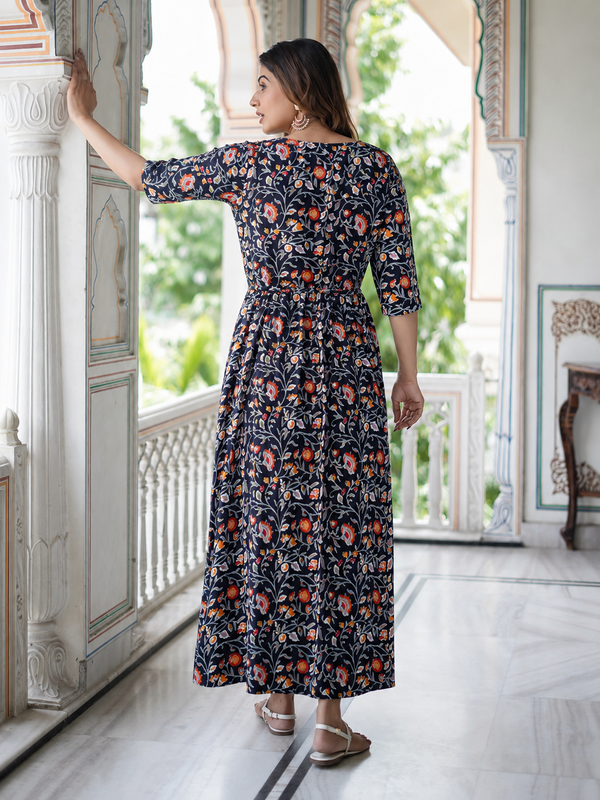 Women's Cotton Black Floral Maternity Feeding Dress with Zipper