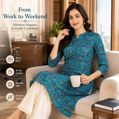Women's Sky Blue Floral Print Cotton A-Line Kurta