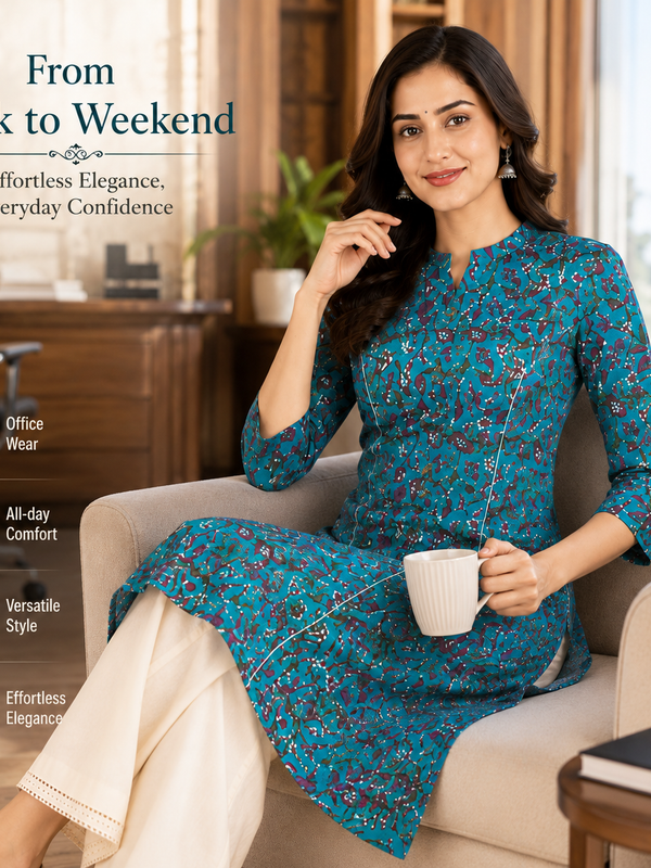 Women's Sky Blue Floral Print Cotton A-Line Kurta
