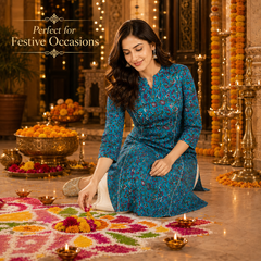 Women's Sky Blue Floral Print Cotton A-Line Kurta