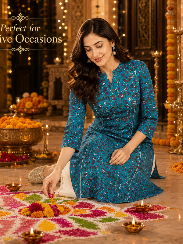 Women's Sky Blue Floral Print Cotton A-Line Kurta