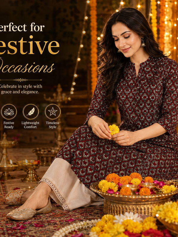 Women's Maroon Floral Print Cotton A-Line Kurta