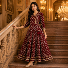 Maroon Floral Printed Anarkali Kurta with Border Detailing