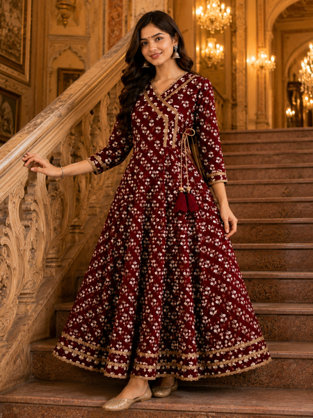 Maroon Floral Printed Anarkali Kurta with Border Detailing