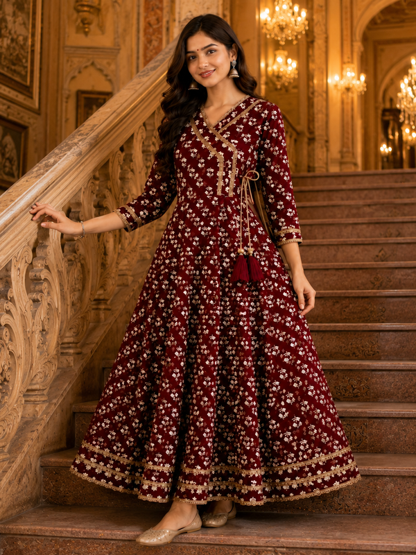 Maroon Floral Printed Anarkali Kurta with Border Detailing