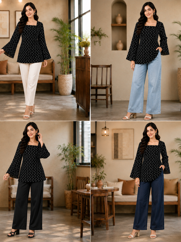 Black Bandhani Print Square Neck Short Kurti for Women