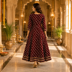 Maroon Floral Printed Anarkali Kurta with Border Detailing