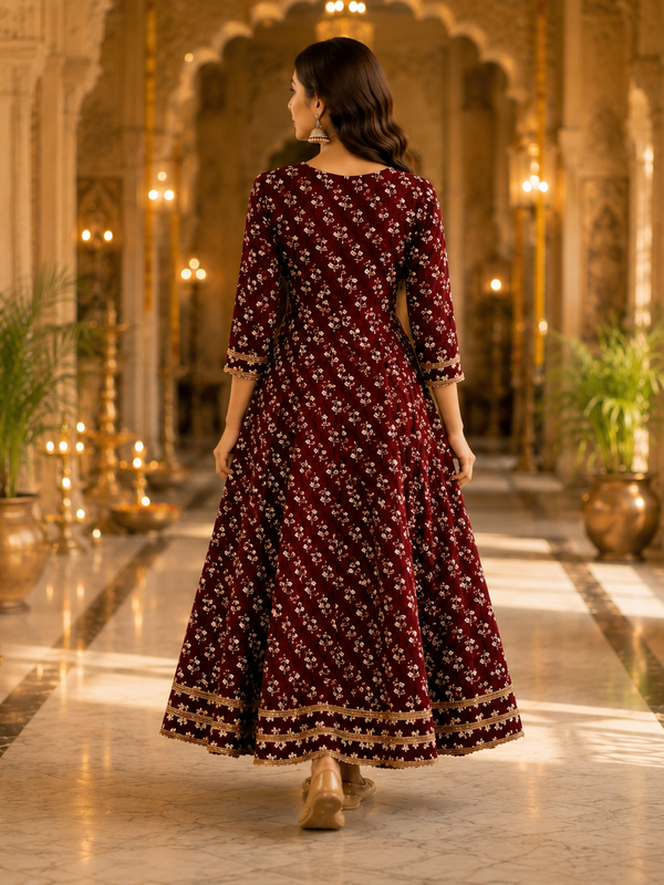 Maroon Floral Printed Anarkali Kurta with Border Detailing