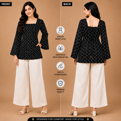 Black Bandhani Print Square Neck Short Kurti for Women