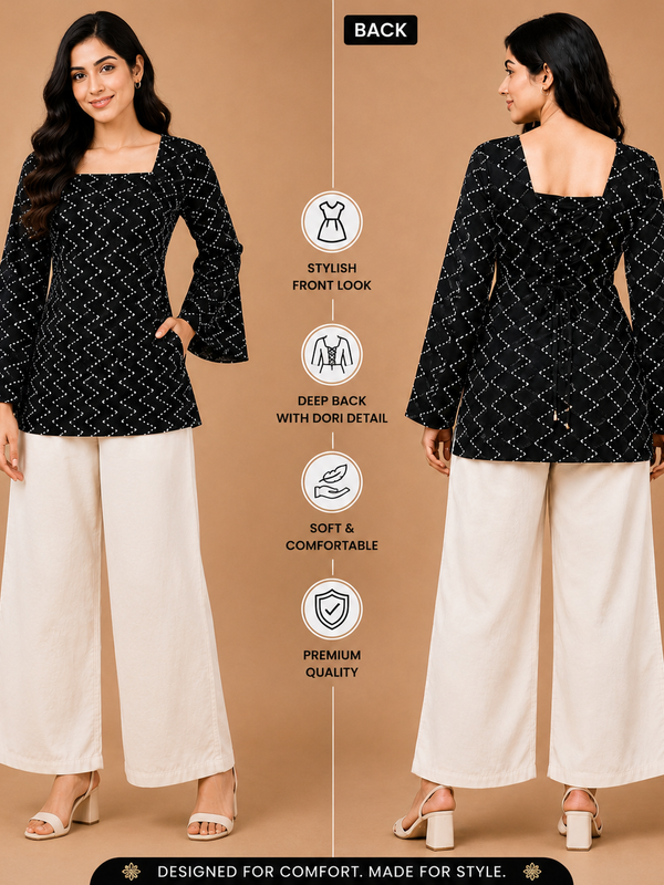 Black Bandhani Print Square Neck Short Kurti for Women