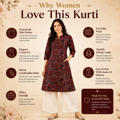 Women's Red Bird Print Cotton A-Line Kurta