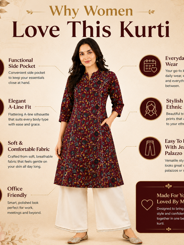 Women's Red Bird Print Cotton A-Line Kurta
