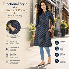 Women's Teal Blue Floral Print Cotton A-Line Kurta