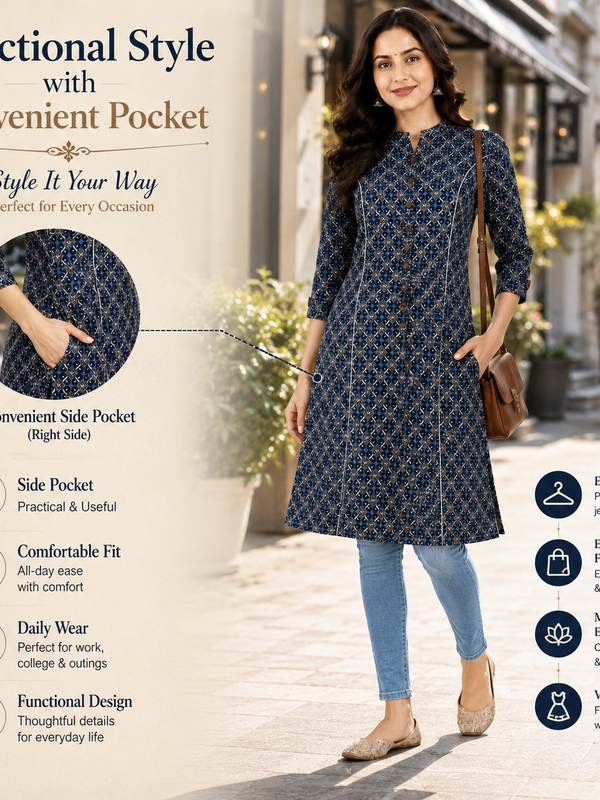 Women's Teal Blue Floral Print Cotton A-Line Kurta